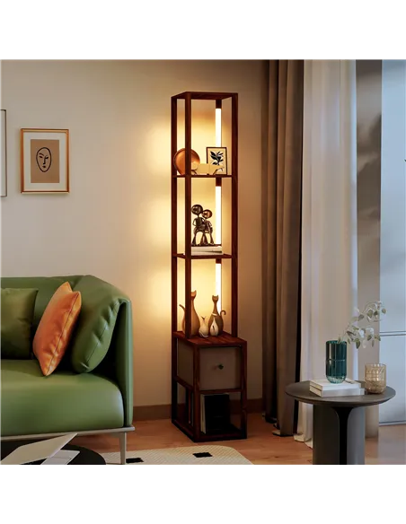 HOMCOM Floor Lamp with Shelves, LED Column Modern Standing Lamp with Fabric Drawer, Adjustable Brightness, Foot Switch for Livin