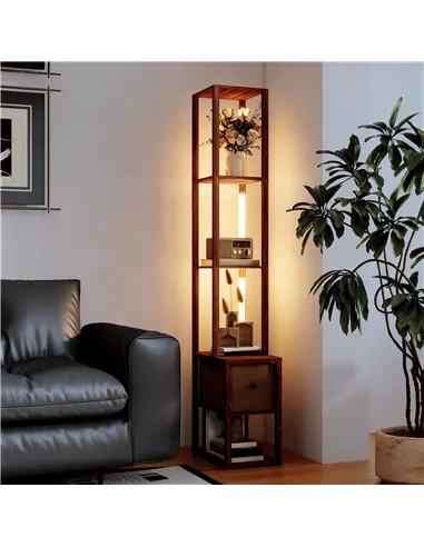 HOMCOM Floor Lamp with Shelves, LED Column Modern Standing Lamp with Fabric Drawer, Adjustable Brightness, Foot Switch for Livin