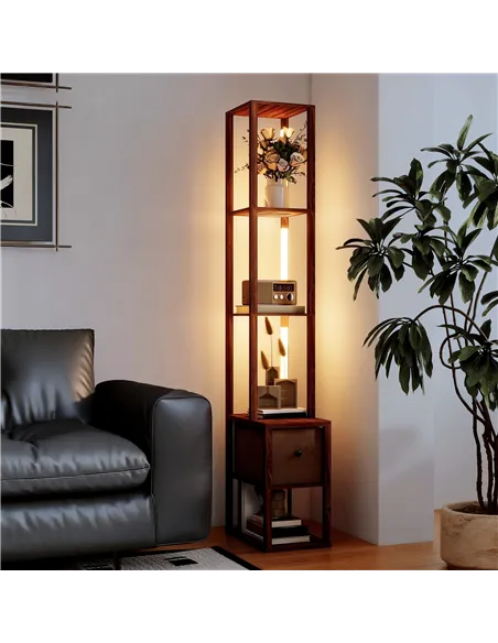 HOMCOM Floor Lamp with Shelves, LED Column Modern Standing Lamp with Fabric Drawer, Adjustable Brightness, Foot Switch for Livin