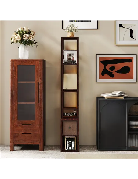 HOMCOM Floor Lamp with Shelves, LED Column Modern Standing Lamp with Fabric Drawer, Adjustable Brightness, Foot Switch for Livin