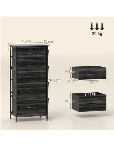 HOMCOM Chest of Five Fabric Drawers - Black