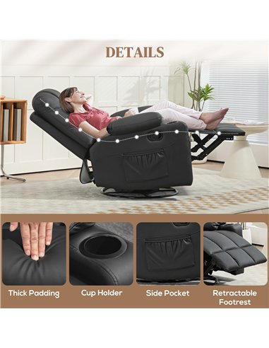 HOMCOM Manual Reclining Chair, Recliner Armchair with Swivel, Faux Leather, Footrest, Cup Holders, 86x93x102cm, Black