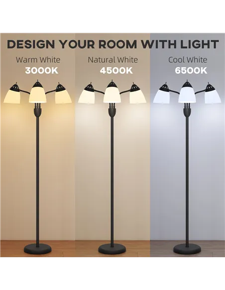 HOMCOM Arc Tree Floor Lamp with 3 Adjustable Rotating Lights and 3000K/4500K/6500K Colour Temperatures, Industrial Standing Lamp