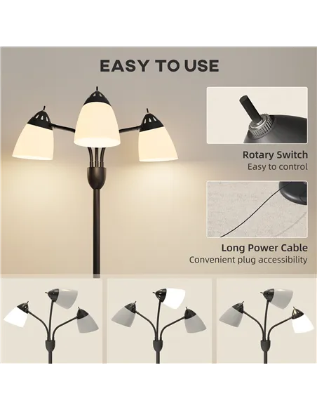 HOMCOM Arc Tree Floor Lamp with 3 Adjustable Rotating Lights and 3000K/4500K/6500K Colour Temperatures, Industrial Standing Lamp