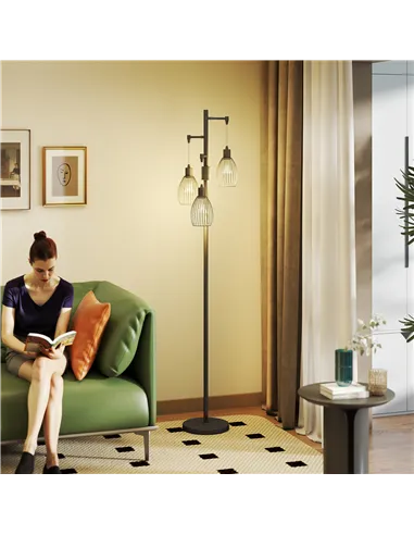 HOMCOM 3-Light LED Floor Lamp, 170cm Industrial Dimmable Standing Lamp with Steel Wire Cage Lampshades, 2700K for Living Room, B