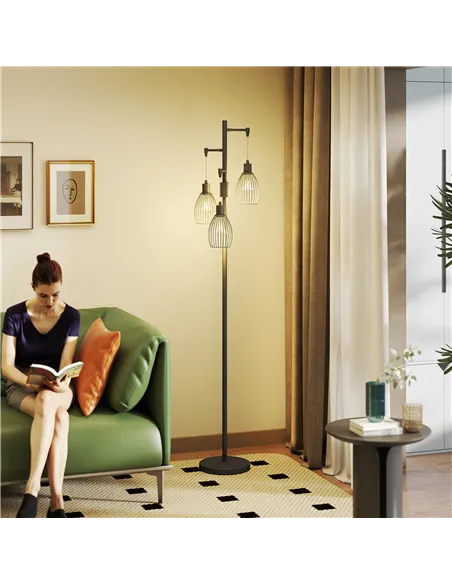 HOMCOM 3-Light LED Floor Lamp, 170cm Industrial Dimmable Standing Lamp with Steel Wire Cage Lampshades, 2700K for Living Room, B