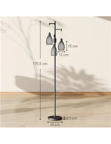 HOMCOM 3-Light LED Floor Lamp, 170cm Industrial Dimmable Standing Lamp with Steel Wire Cage Lampshades, 2700K for Living Room, B