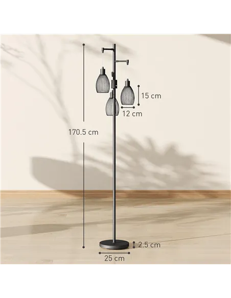 HOMCOM 3-Light LED Floor Lamp, 170cm Industrial Dimmable Standing Lamp with Steel Wire Cage Lampshades, 2700K for Living Room, B