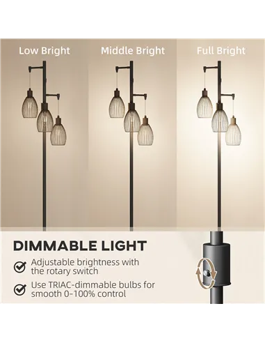 HOMCOM 3-Light LED Floor Lamp, 170cm Industrial Dimmable Standing Lamp with Steel Wire Cage Lampshades, 2700K for Living Room, B