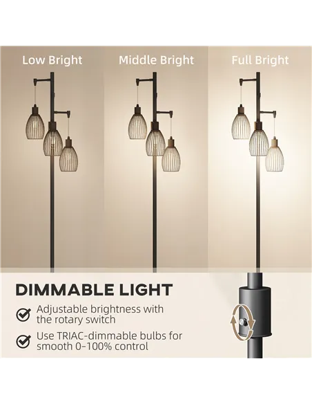 HOMCOM 3-Light LED Floor Lamp, 170cm Industrial Dimmable Standing Lamp with Steel Wire Cage Lampshades, 2700K for Living Room, B