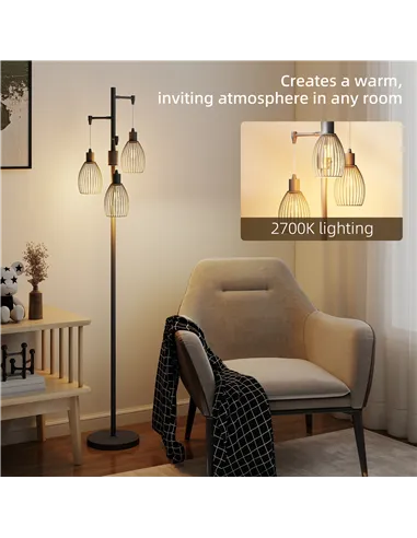 HOMCOM 3-Light LED Floor Lamp, 170cm Industrial Dimmable Standing Lamp with Steel Wire Cage Lampshades, 2700K for Living Room, B