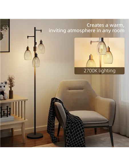 HOMCOM 3-Light LED Floor Lamp, 170cm Industrial Dimmable Standing Lamp with Steel Wire Cage Lampshades, 2700K for Living Room, B