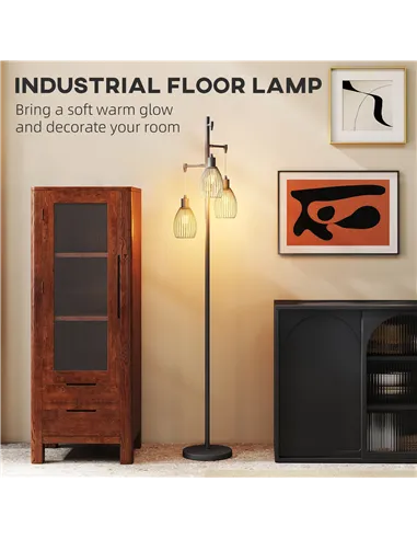 HOMCOM 3-Light LED Floor Lamp, 170cm Industrial Dimmable Standing Lamp with Steel Wire Cage Lampshades, 2700K for Living Room, B