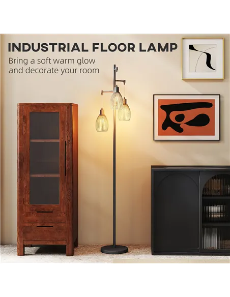 HOMCOM 3-Light LED Floor Lamp, 170cm Industrial Dimmable Standing Lamp with Steel Wire Cage Lampshades, 2700K for Living Room, B