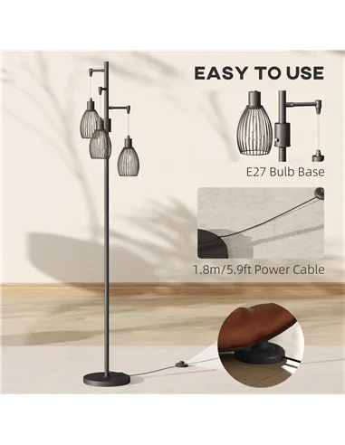 HOMCOM 3-Light LED Floor Lamp, 170cm Industrial Dimmable Standing Lamp with Steel Wire Cage Lampshades, 2700K for Living Room, B