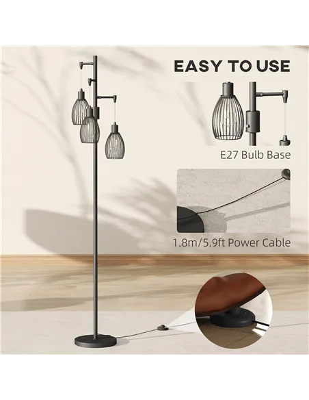 HOMCOM 3-Light LED Floor Lamp, 170cm Industrial Dimmable Standing Lamp with Steel Wire Cage Lampshades, 2700K for Living Room, B