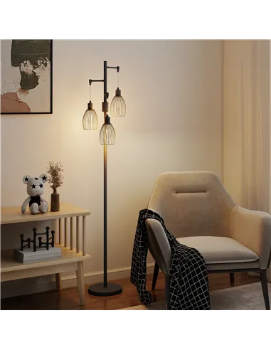 HOMCOM 3-Light LED Floor Lamp, 170cm Industrial Dimmable Standing Lamp with Steel Wire Cage Lampshades, 2700K for Living Room, B