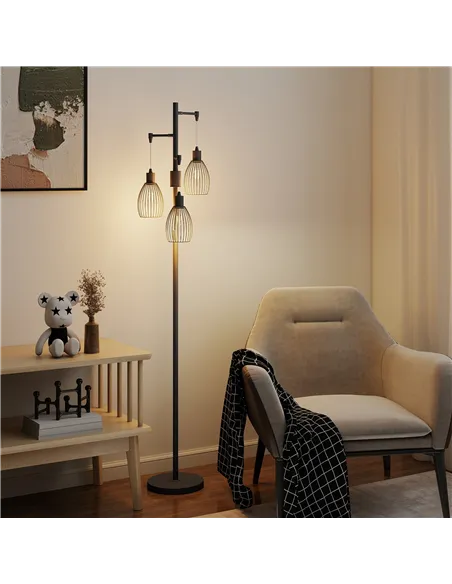 HOMCOM 3-Light LED Floor Lamp, 170cm Industrial Dimmable Standing Lamp with Steel Wire Cage Lampshades, 2700K for Living Room, B