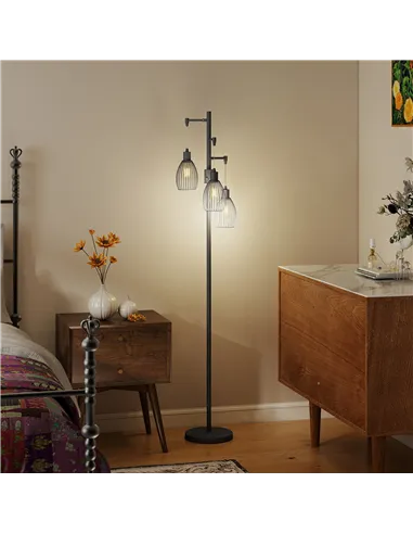 HOMCOM 3-Light LED Floor Lamp, 170cm Industrial Dimmable Standing Lamp with Steel Wire Cage Lampshades, 2700K for Living Room, B