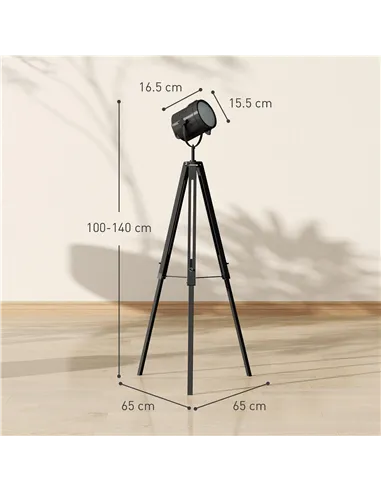 HOMCOM Industrial Tripod Floor Lamp, Nautical Searchlight with Adjustable Height, Wood Legs, E14 Lamp Base for Living Room, Bedr
