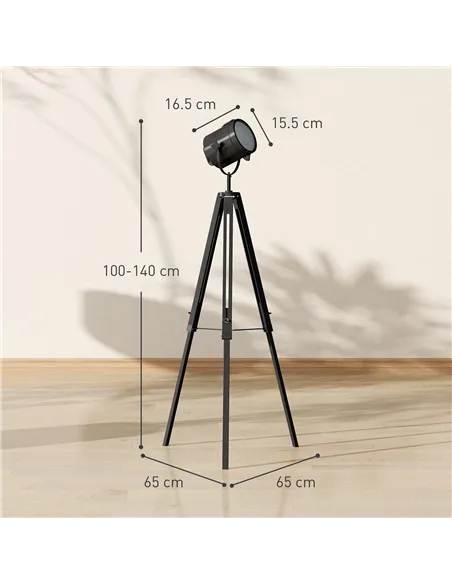HOMCOM Industrial Tripod Floor Lamp, Nautical Searchlight with Adjustable Height, Wood Legs, E14 Lamp Base for Living Room, Bedr