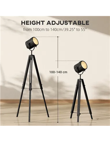HOMCOM Industrial Tripod Floor Lamp, Nautical Searchlight with Adjustable Height, Wood Legs, E14 Lamp Base for Living Room, Bedr
