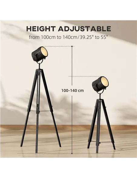 HOMCOM Industrial Tripod Floor Lamp, Nautical Searchlight with Adjustable Height, Wood Legs, E14 Lamp Base for Living Room, Bedr