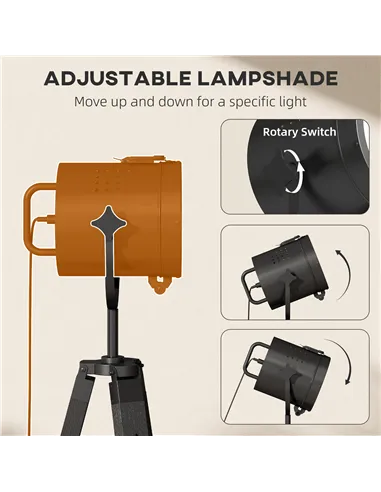 HOMCOM Industrial Tripod Floor Lamp, Nautical Searchlight with Adjustable Height, Wood Legs, E14 Lamp Base for Living Room, Bedr