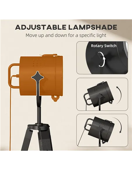 HOMCOM Industrial Tripod Floor Lamp, Nautical Searchlight with Adjustable Height, Wood Legs, E14 Lamp Base for Living Room, Bedr