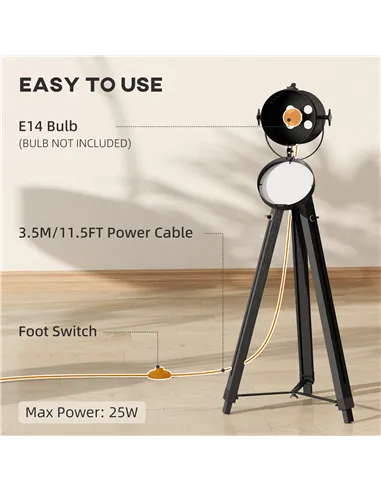 HOMCOM Industrial Tripod Floor Lamp, Nautical Searchlight with Adjustable Height, Wood Legs, E14 Lamp Base for Living Room, Bedr