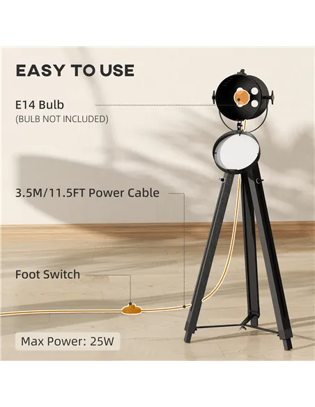 HOMCOM Industrial Tripod Floor Lamp, Nautical Searchlight with Adjustable Height, Wood Legs, E14 Lamp Base for Living Room, Bedr