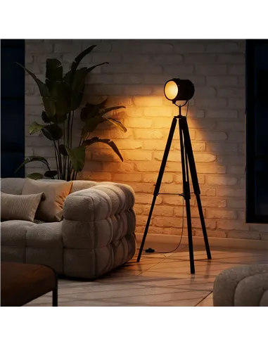 HOMCOM Industrial Tripod Floor Lamp, Nautical Searchlight with Adjustable Height, Wood Legs, E14 Lamp Base for Living Room, Bedr