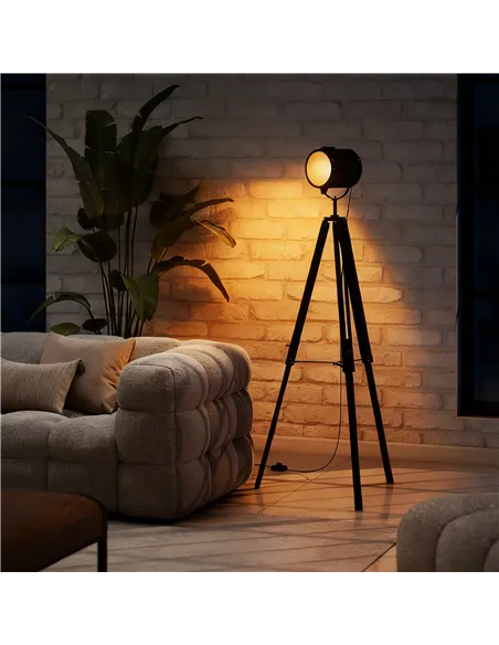 HOMCOM Industrial Tripod Floor Lamp, Nautical Searchlight with Adjustable Height, Wood Legs, E14 Lamp Base for Living Room, Bedr