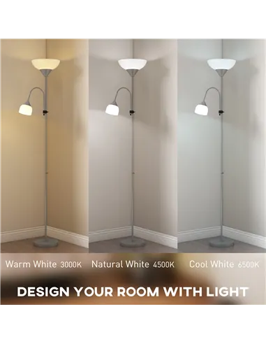 HOMCOM LED Floor Lamp for Living Room, 180cm Tall Standing Lamp, Mother and Child Uplighter with Adjustable Gooseneck, 3000K/450