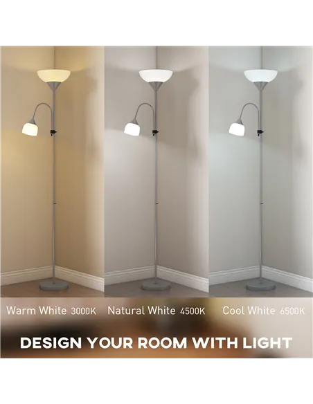 HOMCOM LED Floor Lamp for Living Room, 180cm Tall Standing Lamp, Mother and Child Uplighter with Adjustable Gooseneck, 3000K/450