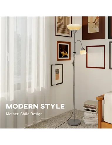 HOMCOM LED Floor Lamp for Living Room, 180cm Tall Standing Lamp, Mother and Child Uplighter with Adjustable Gooseneck, 3000K/450