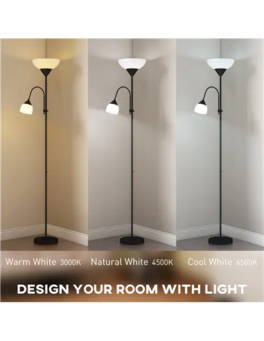 HOMCOM LED Floor Lamp for Living Room, 180cm Tall Standing Lamp, Mother and Child Uplighter with Adjustable Gooseneck, 3000K/450