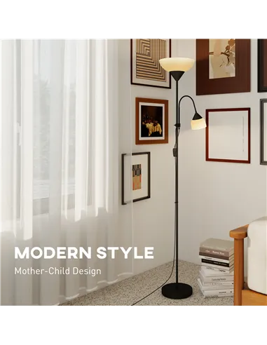 HOMCOM LED Floor Lamp for Living Room, 180cm Tall Standing Lamp, Mother and Child Uplighter with Adjustable Gooseneck, 3000K/450