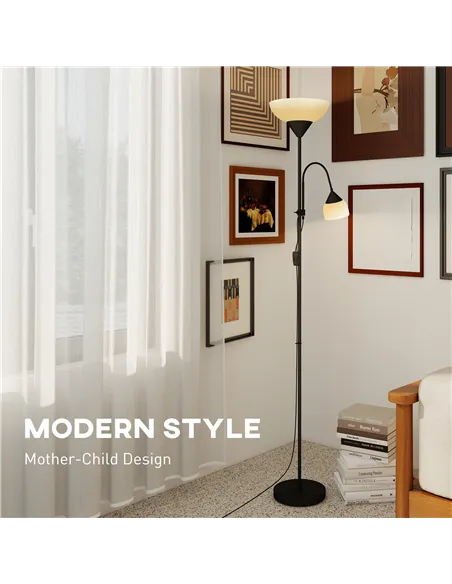 HOMCOM LED Floor Lamp for Living Room, 180cm Tall Standing Lamp, Mother and Child Uplighter with Adjustable Gooseneck, 3000K/450