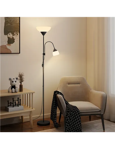 HOMCOM LED Floor Lamp for Living Room, 180cm Tall Standing Lamp, Mother and Child Uplighter with Adjustable Gooseneck, Black