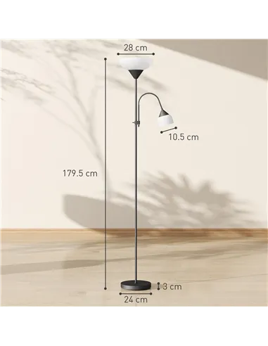 HOMCOM LED Floor Lamp for Living Room, 180cm Tall Standing Lamp, Mother and Child Uplighter with Adjustable Gooseneck, Black