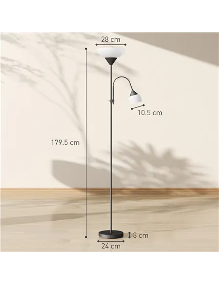 HOMCOM LED Floor Lamp for Living Room, 180cm Tall Standing Lamp, Mother and Child Uplighter with Adjustable Gooseneck, Black