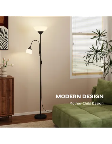HOMCOM LED Floor Lamp for Living Room, 180cm Tall Standing Lamp, Mother and Child Uplighter with Adjustable Gooseneck, Black