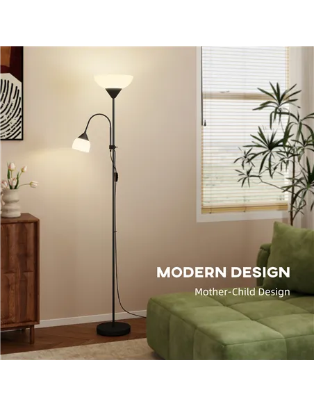 HOMCOM LED Floor Lamp for Living Room, 180cm Tall Standing Lamp, Mother and Child Uplighter with Adjustable Gooseneck, Black