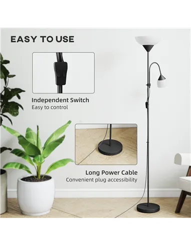 HOMCOM LED Floor Lamp for Living Room, 180cm Tall Standing Lamp, Mother and Child Uplighter with Adjustable Gooseneck, Black