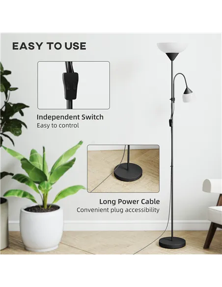 HOMCOM LED Floor Lamp for Living Room, 180cm Tall Standing Lamp, Mother and Child Uplighter with Adjustable Gooseneck, Black