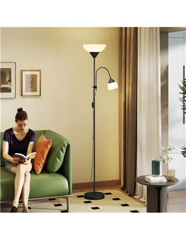 HOMCOM LED Floor Lamp for Living Room, 180cm Tall Standing Lamp, Mother and Child Uplighter with Adjustable Gooseneck, Black