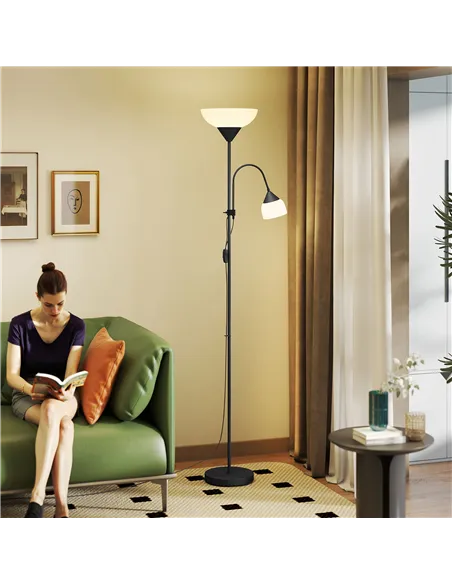 HOMCOM LED Floor Lamp for Living Room, 180cm Tall Standing Lamp, Mother and Child Uplighter with Adjustable Gooseneck, Black