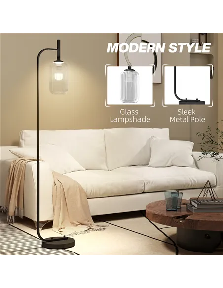 HOMCOM Floor Lamp for Living Room with Glass Lampshade, Modern Standing Lamp with Foot Switch for Bedroom, Bulb not Included, Bl