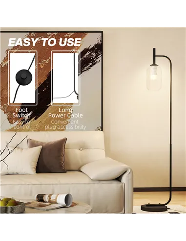 HOMCOM Floor Lamp for Living Room with Glass Lampshade, Modern Standing Lamp with Foot Switch for Bedroom, Bulb not Included, Bl